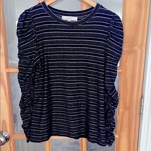 LOFT Blue & white stripedTextured Ruched Long Sleeve Crew neck Top size medium